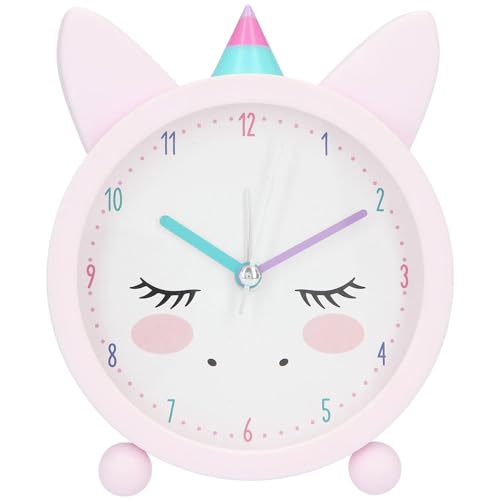 Depesche Ylvi 6551 - Despertador analógico para niñas y Fans de Unicornio, Color Rosa con Orejas y Unicornio, silencioso y con función de luz, Funciona con Pilas
