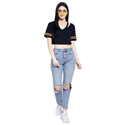 Image of LE BOURGEOIS Women Solid Loose Fit Desiger V-Neck Short Sleeve Dance Party Casul Crop Top