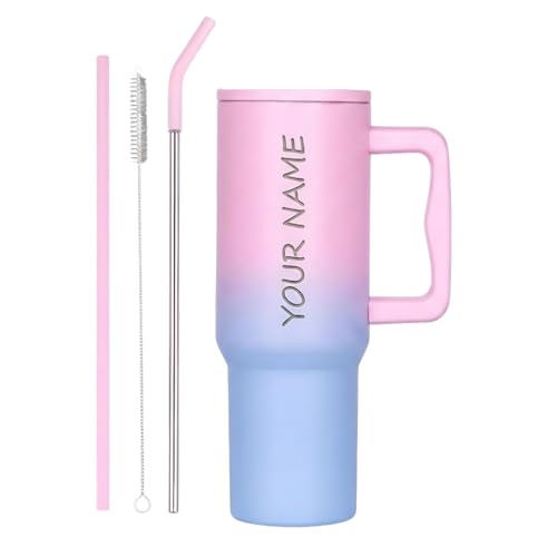 Image of Personalised with Your Name, 1200ml Tumbler with Straw-Handle-Stainless Steel Double Wall Insulated Cup | Leakproof Sipper Mug for Hot-Cold Drinks |Coffee - WaterTumbler(Pink Blue Custom)
