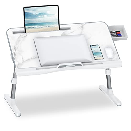 Potuopy Laptop Desk for Bed, Laptop Bed Desk, Adjustable Laptop Desk with Storage Drawer, Foldable Laptop Desk for Working, Writing, Drawing (Large, White Marble)