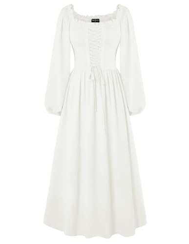 Damen Viktorianische Corsagenkleid Rockabilly Laternenärmel Swing Kleid Weiß S