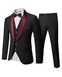 YND Men's 3 Piece Tuxedo Set with Bow Tie, Slim Fit One Button Shawl Lapel Suit Blazer Vest Pants, for Wedding Prom Dinners, Maroon Collar Black