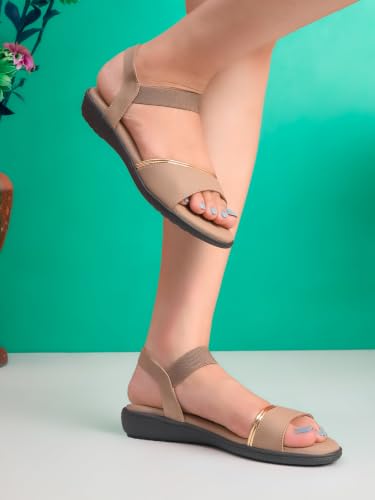 Image of XE Looks Women's Metallic Accent Open Toe Sandals with Elastic Back Strap | Soft Cushioned Footbed | Lightweight Flexible Sole | Comfortable Casual Footwear for Girls & Women