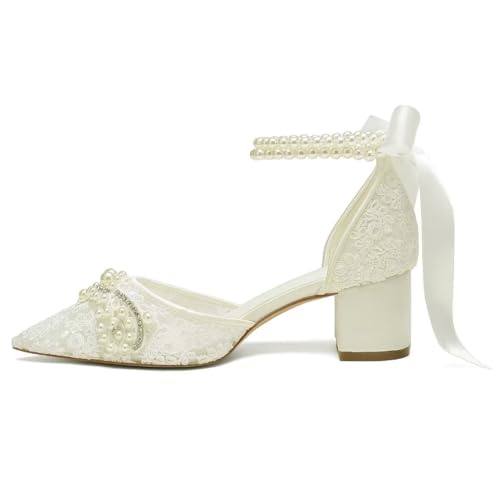 Lace Pearl Wedding Shoes for Bride Block Heel Bridal Shoes Closed Toe Wedding Heels3