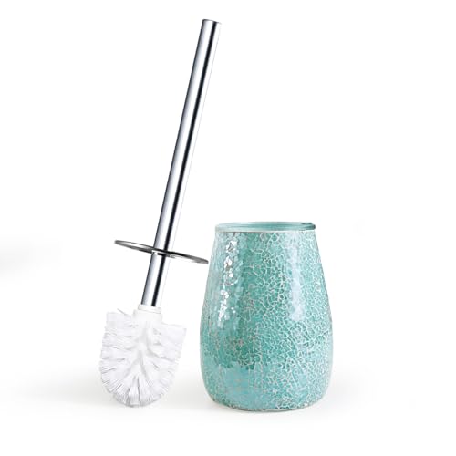 Escenzy Turquoise Green Toilet Brush and Holder Set Mosaic Glass | Non-Rustic Stainless Steel | Practical & Decorative Toilet Bowl Brush and Holder | Luxury Green Bathroom Accessories