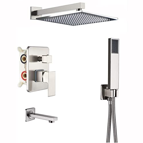 Rozin Brushed Nickel 3-way Shower Kit Bathtub Shower Faucet Set 12-inch Rainfall Showerhead with Hand Spray