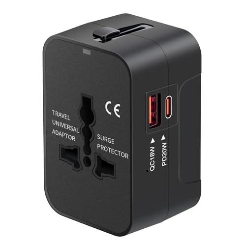 Travel Adapter USB C, Universal All in One Worldwide Travel Adapter Fast Charge GaN PD3.0 Type C USB-A Quick Charging Ports Power Converters Wall Charger AC Power Plug Adapter for USA EU UK AUS Black