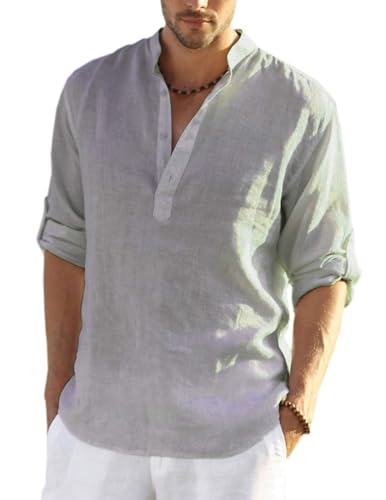 COOFANDY Men's Linen Henley Shirt Cotton Summer Long Sleeve Hippie Casual Beach T Shirts M A-Gray