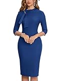 MUXXN Women's Vintage 60s High Neck Pockets Tunic Wear to Work Midi Dress (Blue L)