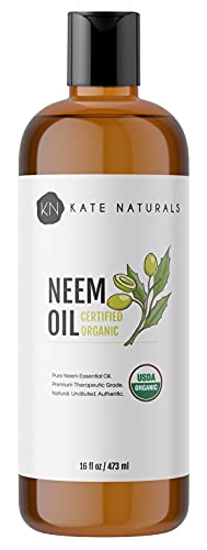 Neem Oil (16 oz) by Kate Naturals. USDA Certified Organic. 100% Pure Cold Pressed Neem Seed Oil with High Azadirachtin Content