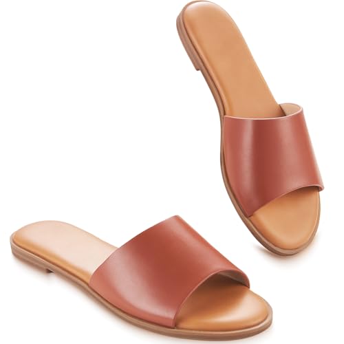 Women's Flat Sandals Slides for Women Slip on Sandals with Comfortable Leather Slippers Peep Toe Dressy Casual for 2025 Summer Beach