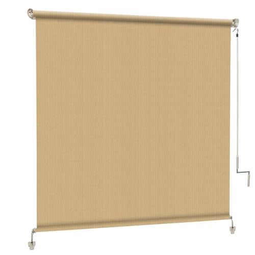 Image of Outdoor Roller Shades with 90% UV Protection, Exterior Cordless Splicing Sunshade 2 Poles & 1 Fabric, 7' W x 6' H Patio Roll Up Outdoor Blinds for Porch, Gazebo, Balcony, Pergola, Wheat