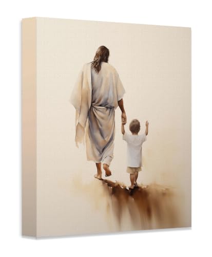 Image of Walk With Me - Jesus Walking with a Little Boy Poster - Jesus Picture Wall Art Catholic Christian Decor - Great Gift and Christian Religious Home Wall Art Decor (Stretched Canvas, 16" x 20")