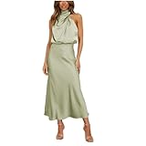 Feature Glatter Satin-Stoff Ärmellose Sammeln Sie Taille Gesäßausschnitt Versteckter Rückenreißverschluss Neckholder Abendkleider für Frauen Maxikleider für Frauen Hochzeitsgastkleider Cocktailkleider Entspannter Schnitt Geeignet für die meisten Figuren.