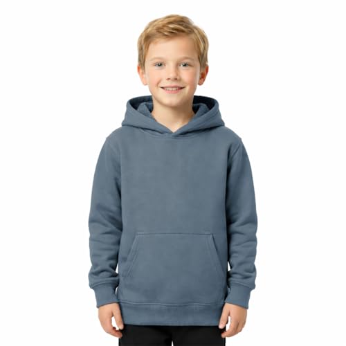Image of KHIM Kids Plain Fleece Hoodie, Boys and Girls Pullover Sweatshirt with Kangaroo Pocket, Brushed Inner Fleece Casual Jumper Hoody, 13-14 Years, Steel Grey
