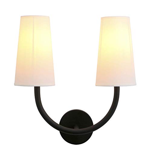 Indoor 2-Light Bedside Night Wall Sconce Fixture, Yosoan Vintage Industrial Double U-Shaped Thick Elbow with White Tapered Fabric Lamp Shade Lamp ( Black )