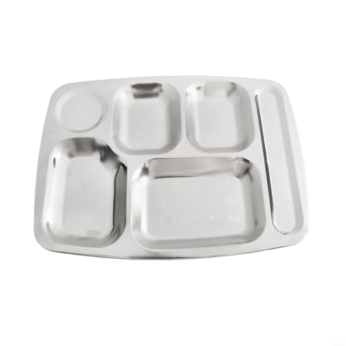 Plato de cena dividido de acero inoxidable con 6 compartimentos, bandeja rectangular resistente a la corrosión para comidas equilibradas, camping, escuela, cafetería o uso doméstico, apilable y apto