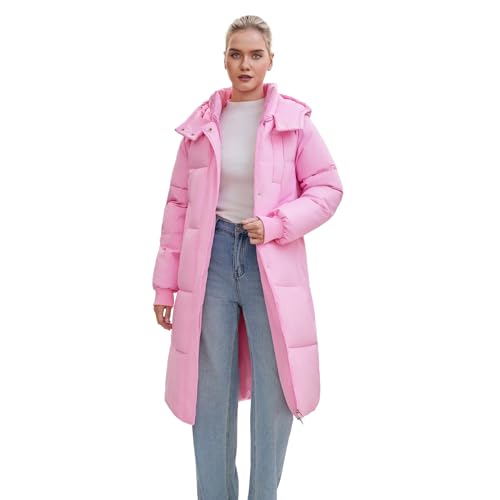 Long women's puffer jacket with hood and deep pockets