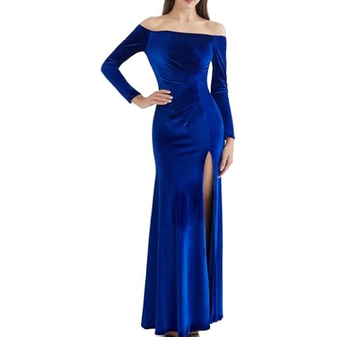 TTYBridal Off Shoulder Velvet Bridesmaid Dresses for Wedding with Long Sleeves Women's Split Mermaid Long Formal Maxi Dress Long 6 Royal Blue Cover