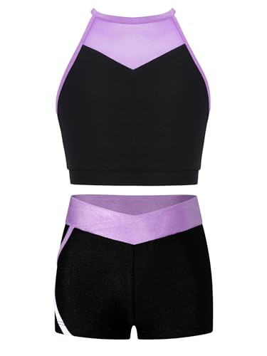 Kids Girls Athletic Sports Outfit Crop Tank Top With Booty Shorts Set For Gymnastic Dance Training Purple 12 Years
