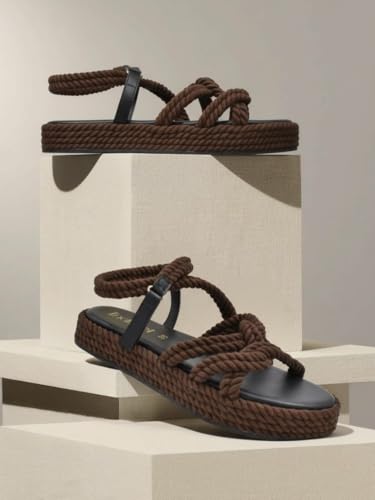 Image of Indifeet Women's Rope Espadrille Flatform Sandals | Stylish Open Toe Strappy Platforms | Adjustable Velcro Ankle Strap | TPR Sole | Summer Beach Casual Travel