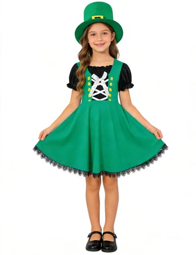 bakjuno Little Girls Leprechaun St. Patrickss Day Lucky Four-Leaf Clover Dress with Hat (2-3 Years Green)