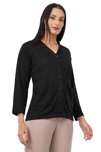 Image of Women Woolen Full Sleeve self Knit v-Neck Sweater Cardigan for Winter wear with Front Pockets Plus