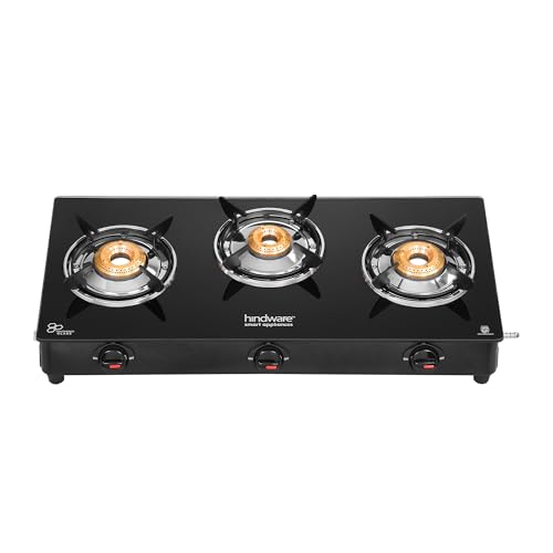 Hindware Smart Appliances Brio 3B Toughened Glass-Top | 3 Brass Burner LPG Gas Stove | Manual Ignition | Black | Spill Proof | Ergonomic Knobs | Tri-Pin Brass Burners | Open