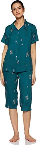 Image of Longies Women's Rayon Pyjama Night Suit Regular Capri Set ((LGRCSSY005 Blue Large) L)