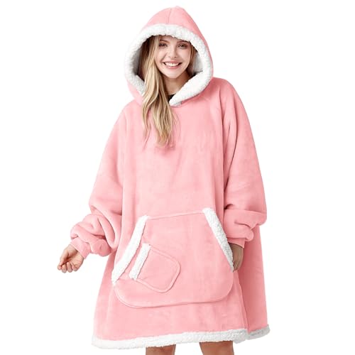Image of Giggling Getup Wearable Blanket Hoodie for Women and Men Gifts for Women Mom Wife Sherpa Fleece Hooded Blanket Sweatshirt Warm Cozy Sherpa Wearable Throw with Pocket & Sleeves for Adult Standard Pink