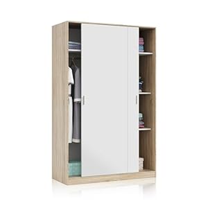 duehome | Armario 2 Puertas Correderas y Estantes, para Dormitorio o Habitacion, Modelo Show Acabado en Blanco Artik y Roble Canadian, Medidas: 120 cm (Largo) x 200 cm (Alto) x 50 cm (Fondo)