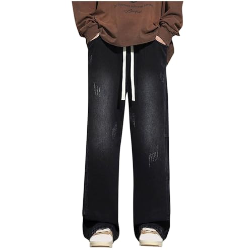 Mens Cotton Jeans Elastic-Waist Drawstring Zipper Straight Leg Casual Summer Fashion Loose Fit Trousers Black