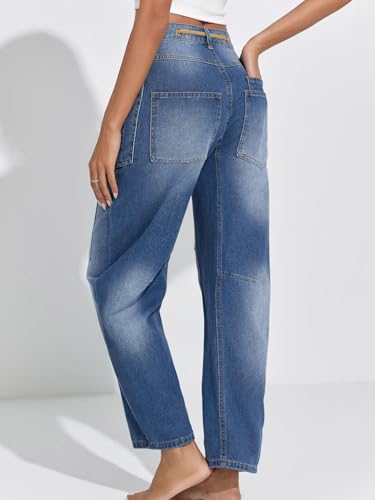 ALSOGO Women's Barrel Jeans Vintage Wide Leg Mid Rise Y2k Baggy Boyfriend Jean Ankle Denim Pants with Drawstring3