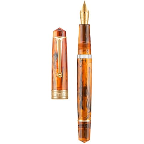 Asvine P20 Piston Fountain Pen Amber Resin, Iridium Medium Nib Gold Trim Smooth Writer Collection with Case Set Cover