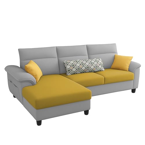 Image of Casaliving Seams LHS 4 Seater L Shape Sofa for Living Room (Yellow Grey Fabric) Premium Fabric Sofa