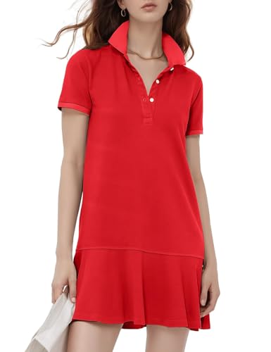 Image of Flygo Womens Polo Dress Summer Short Sleeve Ruffle T Shirt Dress | V Neck Lapel Henley Collar, Three Button Placket, Soft Pique Fabric, Short Mini Tunic Dress, Preppy Golf Tennis Activewear