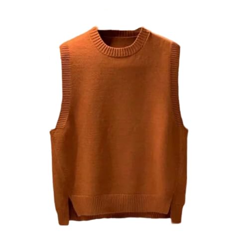 Men Sleeveless Knit Sweater Vest Brown Crew Neck Pullover Warm Wool Casual Waistcoat Layering Top