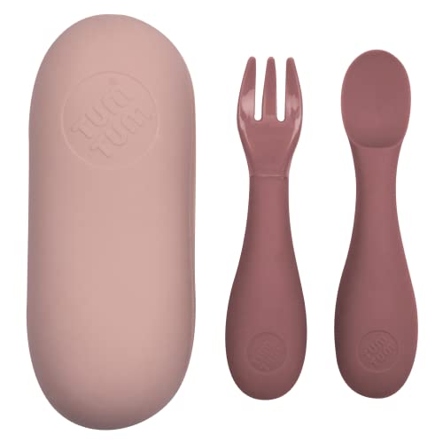 Tum Tum Baby Cutlery with Case - Baby Spoon & Fork Set, Self Feeding Cutlery, Silicone, 6+ Months, Pink