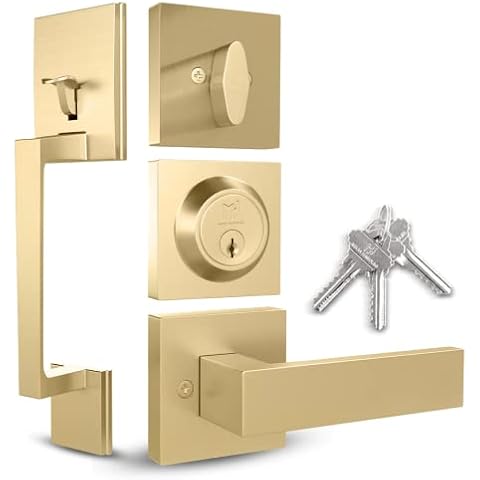 Mega Handles - TOBELLE Tobelle Square Satin Brass Door Lock, Keyless Interior Door Handle Set for Hallway, Closet, Bathroom, Door Knobs Interior, Lock, Door Handle - Heavy Duty Design Cover