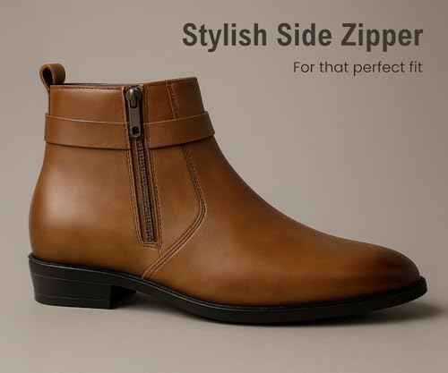 Image of Kraasa The Harness - Men's Stylish Vegan Leather Chelsea Boots with Side Zipper & O-Ring Strap Elastic Panel Ankle Boot (Tan /Black /Brown)