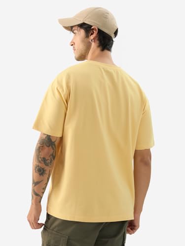 Image of The Souled Store Chillin' Men and Boys Short Sleeve Round Neck Yellow Graphic Printed Cotton Oversized T-Shirts