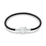 NINGAN Leather Charm Bracelet for Women Girls fit Pandora Sterling Silver Love Heart Snap Clasp Bead