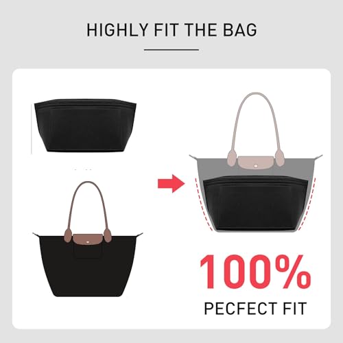 OAikor Longchamp Purse Organizer Insert Compatible with Le Pliage Large Tote Handbags, Felt Zipper Bag Organizer Insert with Cup Holder, 8 Compartments (Black,L)