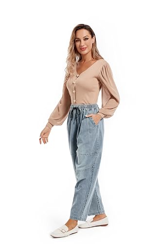 FTCayanz Women's Baggy Jeans Pull On Denim Joggers Elastic Waist Casual Harem Pants with Pockets3