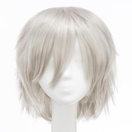 Image of S-noilite Unisex Short Cosplay Hair Wig Women Men's Short Straight Layered Pixie Wig with Bangs for Halloween Costume Anime Party Synthetic Wigs Gray Grey