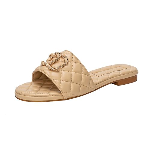 Image of Women's Round Toe Slide Sandal Comfort Slip on Flat Sandals for Summer Dress Casual Beach Shoes Light Brown size 9.5