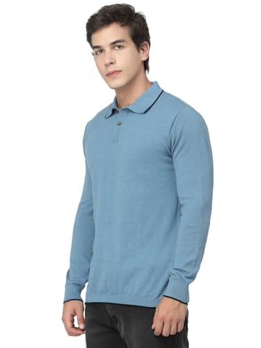 Image of Kalt Mens Basic Solid Full Sleeves Polo Cotton Blend Knitted Regular Fit Polo-Neck T-Shirts with Collar Stylish