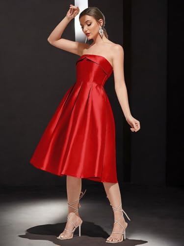 Image of Strapless Satin A-Line Cocktail Dress for Women - Elegant Prom, Wedding,Formal Evening Gown with Pleated Skirt