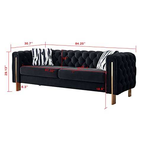 Image of KEIKI 84 inch Chesterfield Velvet Tufted Button Sofa with Removable Cushions and 2 Toss Pillows, Modern 3-Seater Couch with 4 Gold Metal Legs, Easy Assembly, for Living Room, Bedroom, Apartment, Black