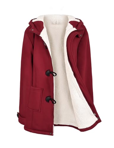 Yuson Girl Winterjacke Damen Fleecejacke Lang Warm Hornknopfjacke Einfarbig Wintermantel Kapuzenpullover Winter Cardigan Sweatshirt Damen Reißverschluss Kapuzenjacke mit Knopf(Weinrot, L)